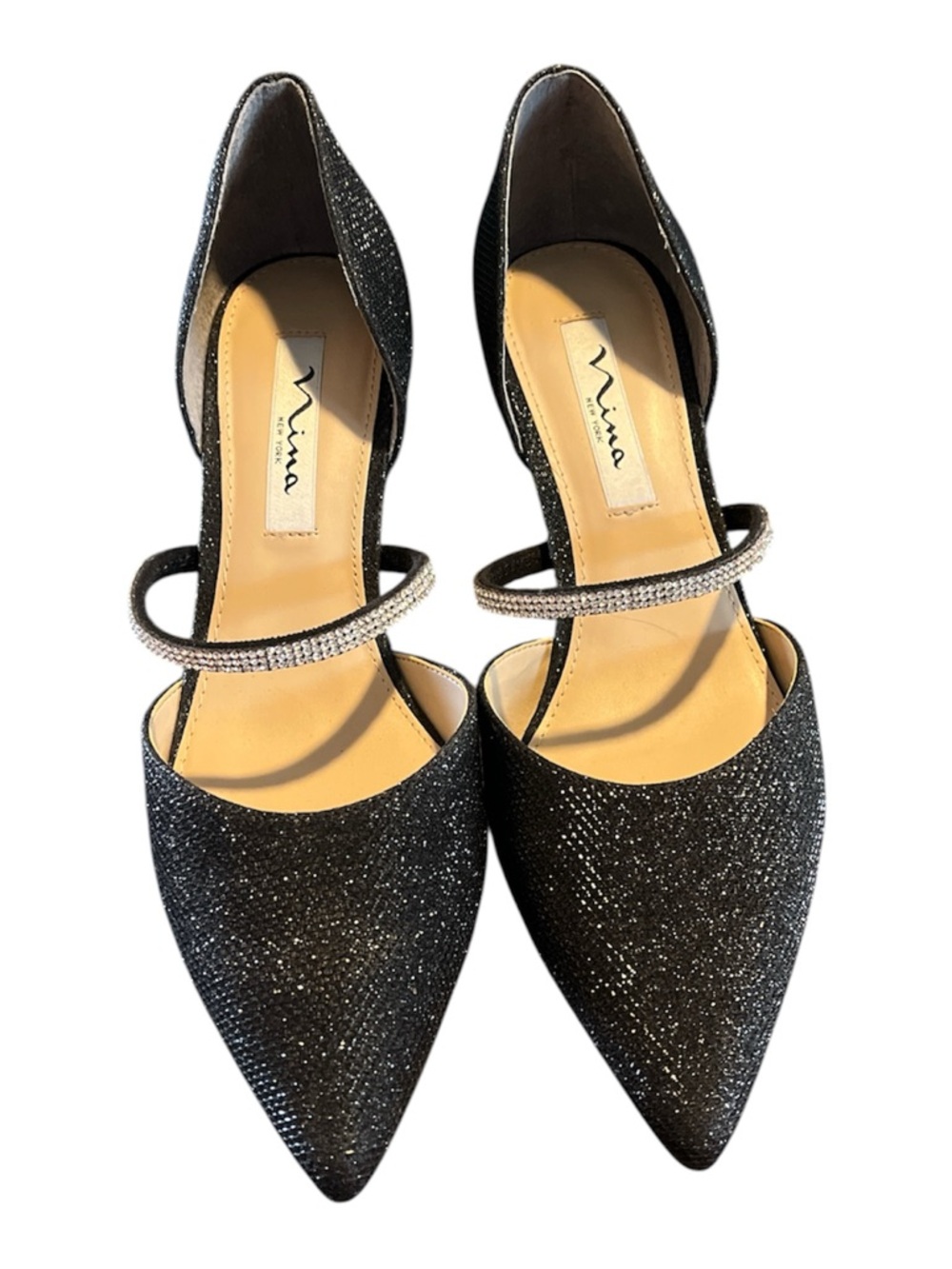 Nina Black Glitter Pointed Toe D'Orsay Heels with Rhinestone Strap Sz:8
